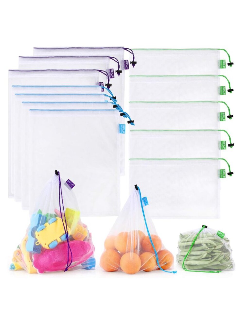12pc Reusable Mesh Produce Bags Drawstring Polyester Food Storage